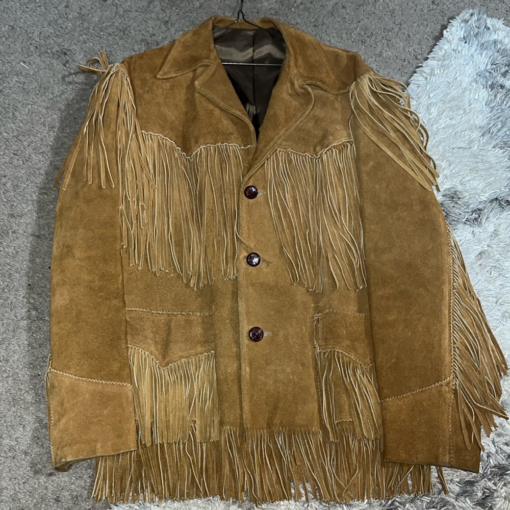 Vintage 1960s Trego's Westwear Oklahoma Tan Suede Fringe Western Jacket